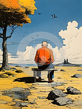 Man sitting on a bench on the seashore under a tree