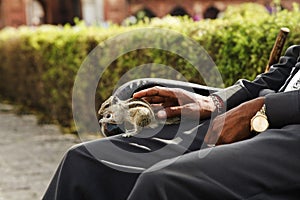 Man sitting on a bench with a squirrel, Agra, Uttar Pradesh, India