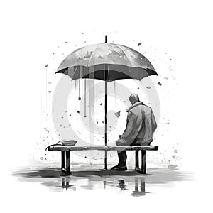 a man sitting on a bench under a red umbrella on a rainy day