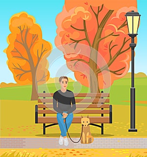 Man sitting on bench, walking with pet outdoors. Person during walk with dog in autumn park