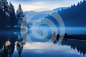 A man sitting in a boat on a lake. Generative AI image.