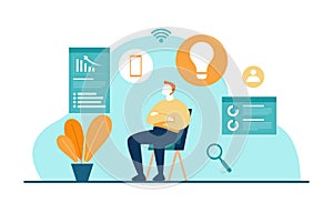 Man Sitting on Chair Digital Marketing Commerce Internet Analysis Illustration