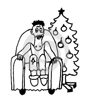 A man sitting in a chair in the living room next to the Christmas tree comic caricature cartoon illustration