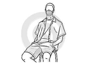 A man sitting in a chair putting his hand on his pants. Wear a mask. New normal. Human character on white background. Hand drawn s
