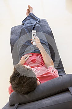 Man sitting in chair using remote control