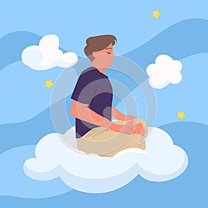 Man sitting on clouds for calm yoga meditation and zen thoughts, guy with closed eyes