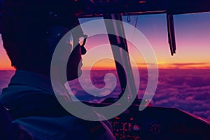 Man Sitting in Cockpit of Plane at Sunset