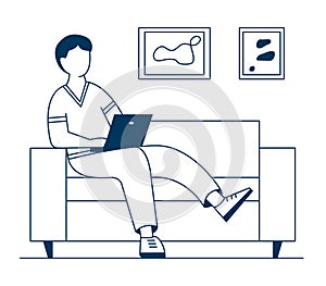A man is sitting comfortably on the couch with a laptop, studying online, working remotely from home. Freelance.