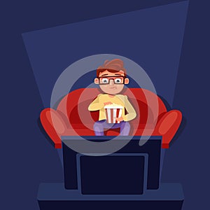 Man Sitting At Couch Watch Tv Eating Popcorn