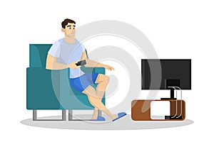 Man sitting on the couch and watch TV. Guy spend time