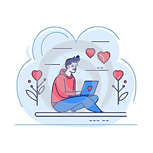 Man sitting crosslegged using laptop, virtual love concept. Blue red hearts floating around photo