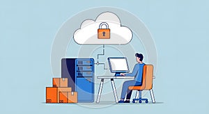 Man sitting at desk with computer and server uploading data to cloud storage