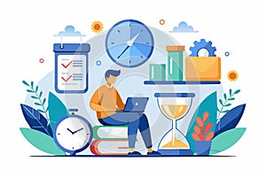 Man Sitting on Desk With Laptop and Clock, Work deadline, time management concept, Simple and minimalist flat Vector Illustration