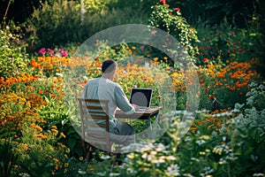 man sitting at desk with laptop in a flowering garden