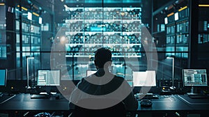 Man sitting desk large screen view, AI generated