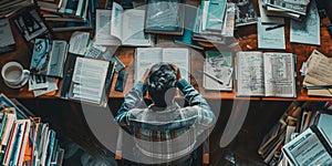 A man sitting at a desk surrounded by stacks of a books