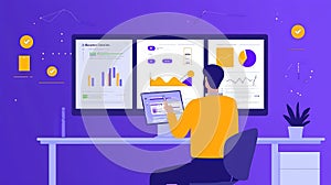 A man is sitting at a desk with three computer monitors in front of him