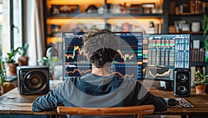 A man is sitting at a desk with two computer monitors by AI generated image