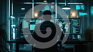a man sitting at a desk with two computer monitors