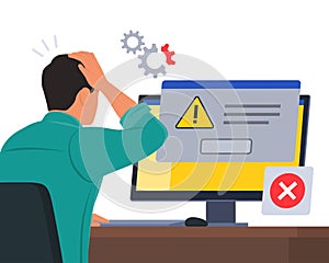 Man reading an error message notification on the computer screen