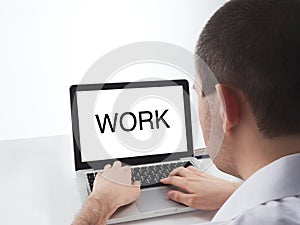 Man sitting at a desk and working at a computer with his hands,  Office desktop on a white background