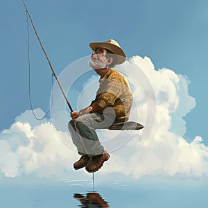 Man sitting on a dock with a fishing pole, Digital fishing scene. Generated AI