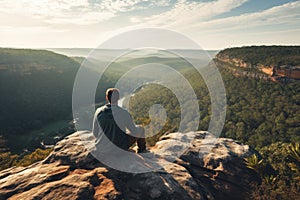 Man sitting on the edge of cliff and looking at the valley, Man sitting on cliff edge alone enjoying aerial view backpacking