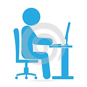 Man sitting front of computer on work table blue icon