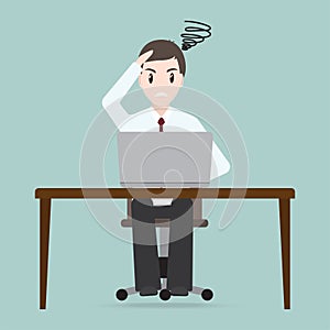 Man sitting front of computer on work table icon