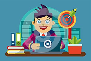 A man sitting in front of a laptop computer, working or studying, Copyright Customizable Cartoon Illustration
