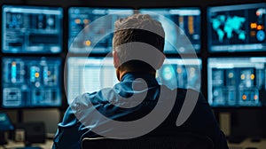 A man sitting in front of multiple monitors in a control room