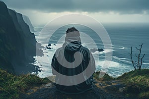 Man sitting in front of the ocean and looking at the stormy sea - Generative AI