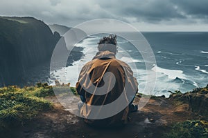 Man sitting in front of the ocean and looking at the stormy sea - Generative AI