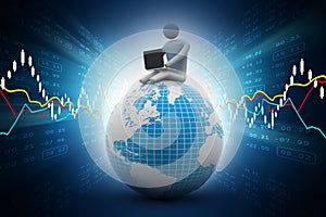 Man sitting on globe with the Laptop. On Top of the World.