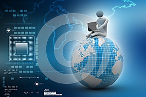 Man sitting on globe with the Laptop. On Top of the World