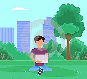 Man sitting on grass in the park and working on laptop. Guy spends time outdoors vector illustration