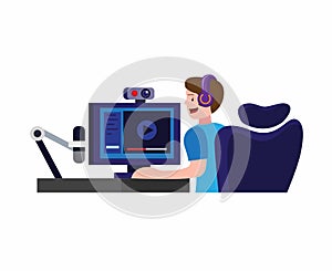 Man sitting in headset making video or playing game live streaming with web camera and microphone. esport gamer or content creator