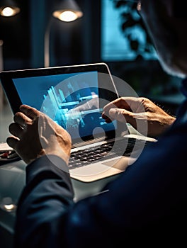 Man is sitting at his desk and using an electronic device. The device appears to be laptop computer with touch screen display. He