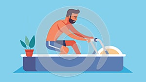 A man sitting in a hot tub with his feet on a submerged stationary bike pedaling to improve cardiovascular endurance