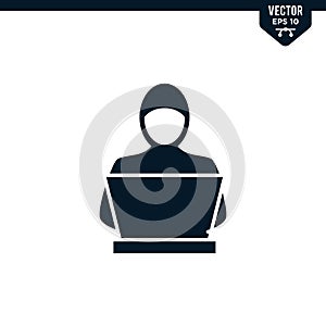 Man sitting laptop icon, glyph style