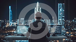 Man sitting at launchpad for a big space rocket photo
