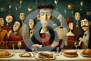 A Man Sitting at a Lavishly Set Table With an Abundance of Food, A metaphorical representation of a person with a food allergy