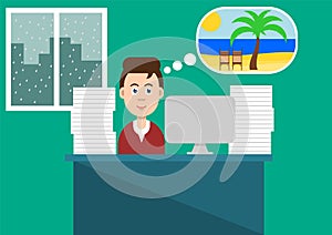 Man sitting in the office thinks about vacation. Businessman at work imagines summer holiday.