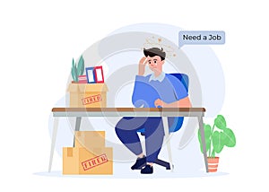 Man sitting with offices box with things and need a new job concept of Layoff, crisis.