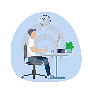 Man sitting in ofice near computer. Correct comfortable position. Working character. Stylish vector illustration
