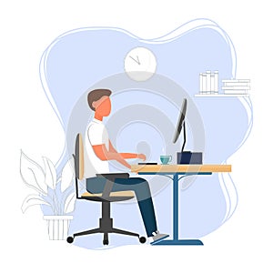 Man sitting in ofice near computer. Correct comfortable position. Working character. Stylish vector illustration