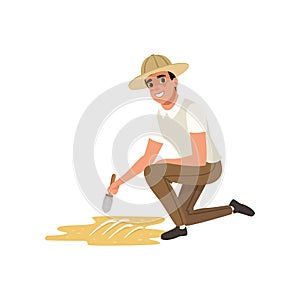 Man sitting on one knee and sweeping dirt from skeleton s bones. Cartoon paleontologist using small brush. Male in shirt