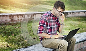 Man Sitting Park Phonecall Concept