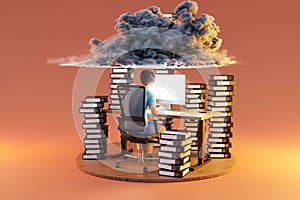 man sitting at pc office workplace on infinite background with huge stacks of document binders and cloud over head workload