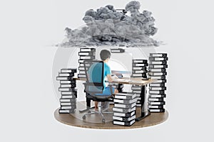 man sitting at pc office workplace on infinite background with huge stacks of document binders and cloud over head workload